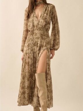 Promesa Taupe Floral Long Sleeve Maxi Dress